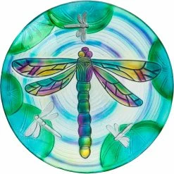 Best Pirce ✔️ Evergreen 18" Hand Painted Embossed Glass Bird Bath, Fluttering Dragonfly Pond 🛒