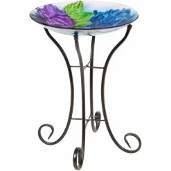 Discount 🧨 Evergreen 16" Glass Bird Bath With Stand, Blooming Hydrangea ✔️