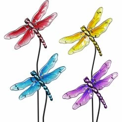 Outlet ✔️ Exhart Four Piece Glass Dragonfly Garden Stake Set 9 X 26 In. 🥰