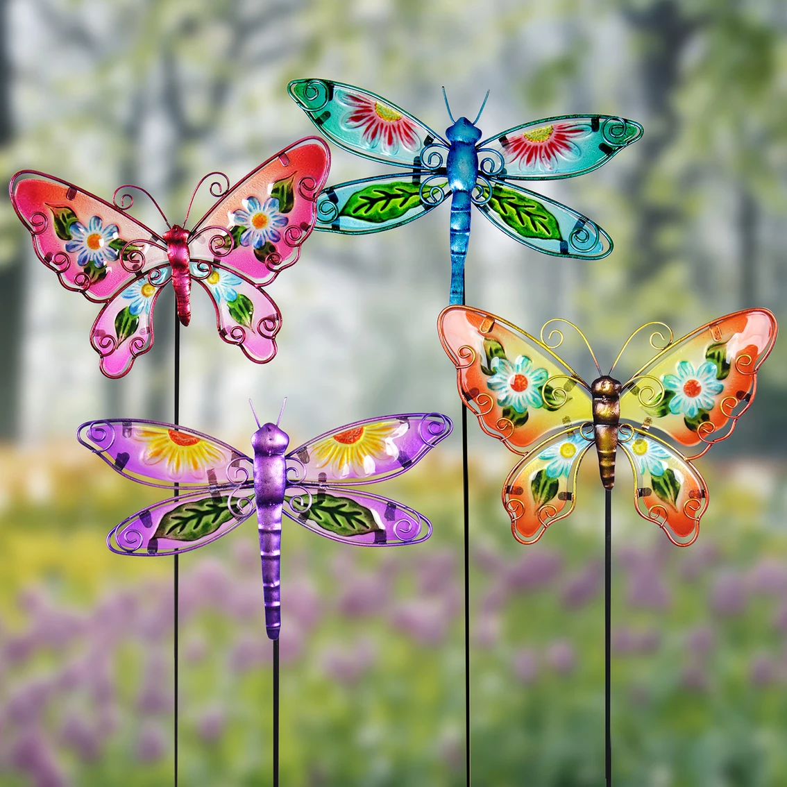 Cheap 👍 Exhart Painted Glass Metal Butterfly And Dragonfly Garden Stakes 4 Pc. Set 😀 2 Cheap 👍 Exhart Painted Glass Metal Butterfly And Dragonfly Garden Stakes 4 Pc. Set 😀 - Image 2