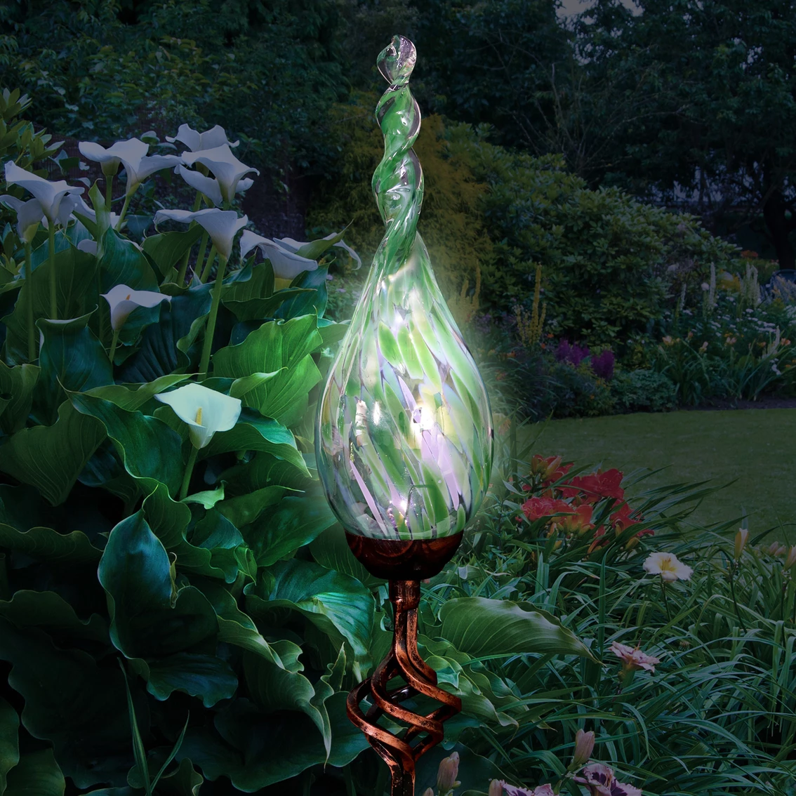 Wholesale ๐ Exhart Solar Pearlized Hand Blown Green Glass Twisted Flame Garden Stake ๐ 3 Wholesale ๐ Exhart Solar Pearlized Hand Blown Green Glass Twisted Flame Garden Stake ๐ - Image 3