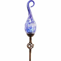 Hot Sale ❤️ Exhart Solar Hand Blown Pearlized Blue Glass Spiral Flame Garden Stake ⭐