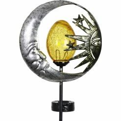 Coupon 😍 Exhart Solar Silver Sun And Moon Garden Stake With Amber Glass Center 👍